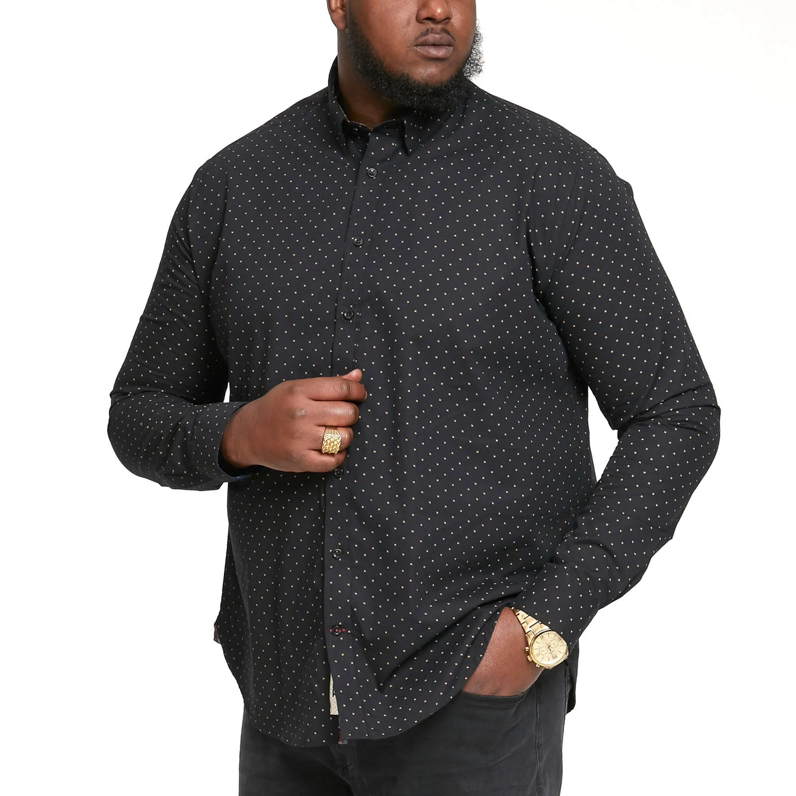 Camouflage Style crew neck D555 Mens Bernard Big & Tall Long Sleeve Button Down Denim Shirt - Black