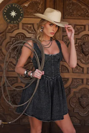 Detachable-Detail Kit Washed Black Denim Drop Waist Mini Dress