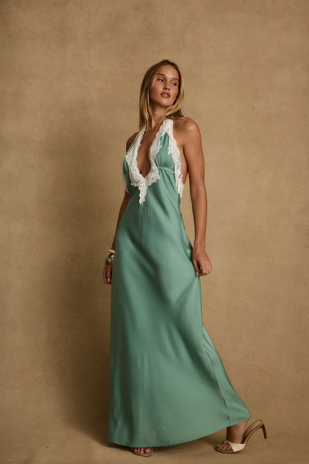 Urban Fit Warm Soft Fiorella Lace Satin Midi Dress