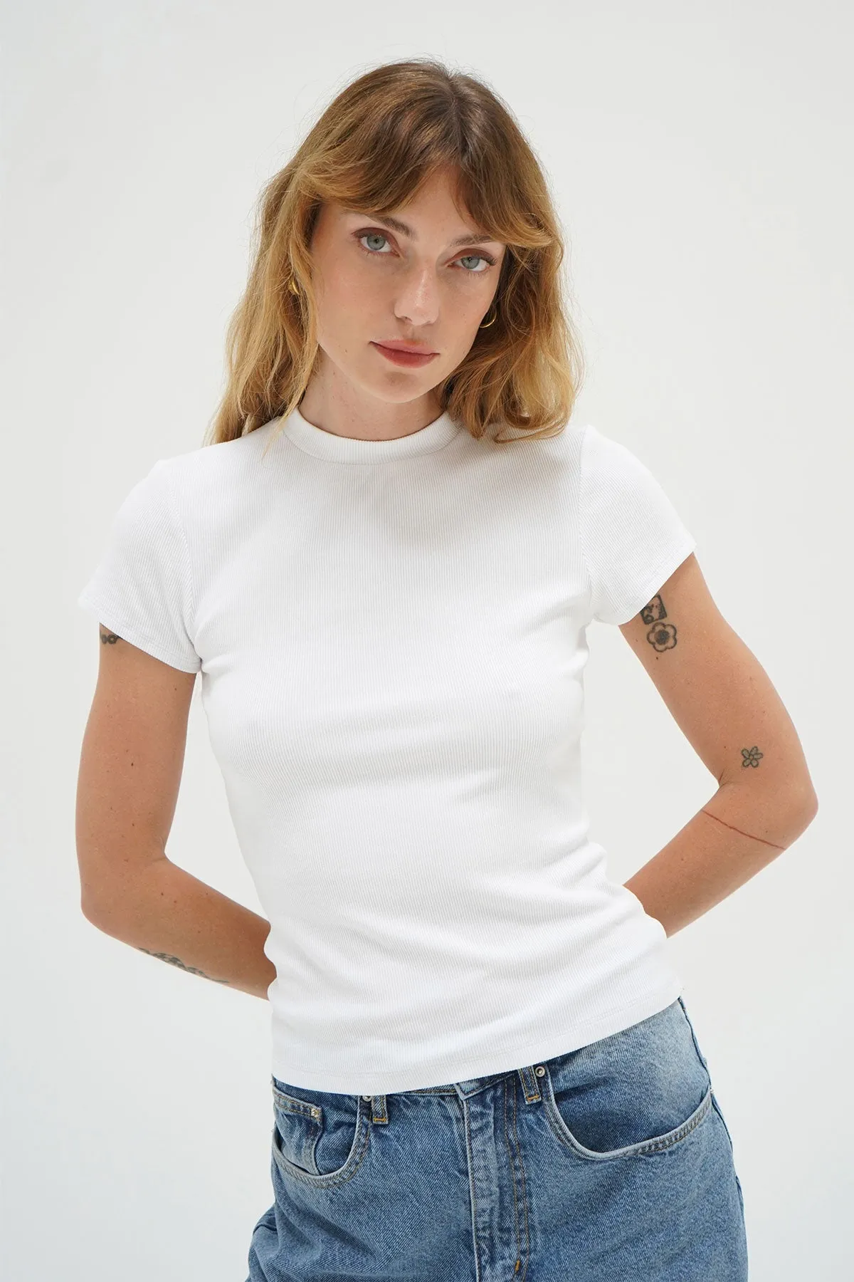 AllWeatherComfort Leather combination Fitted Ribbed Crew Tee - White