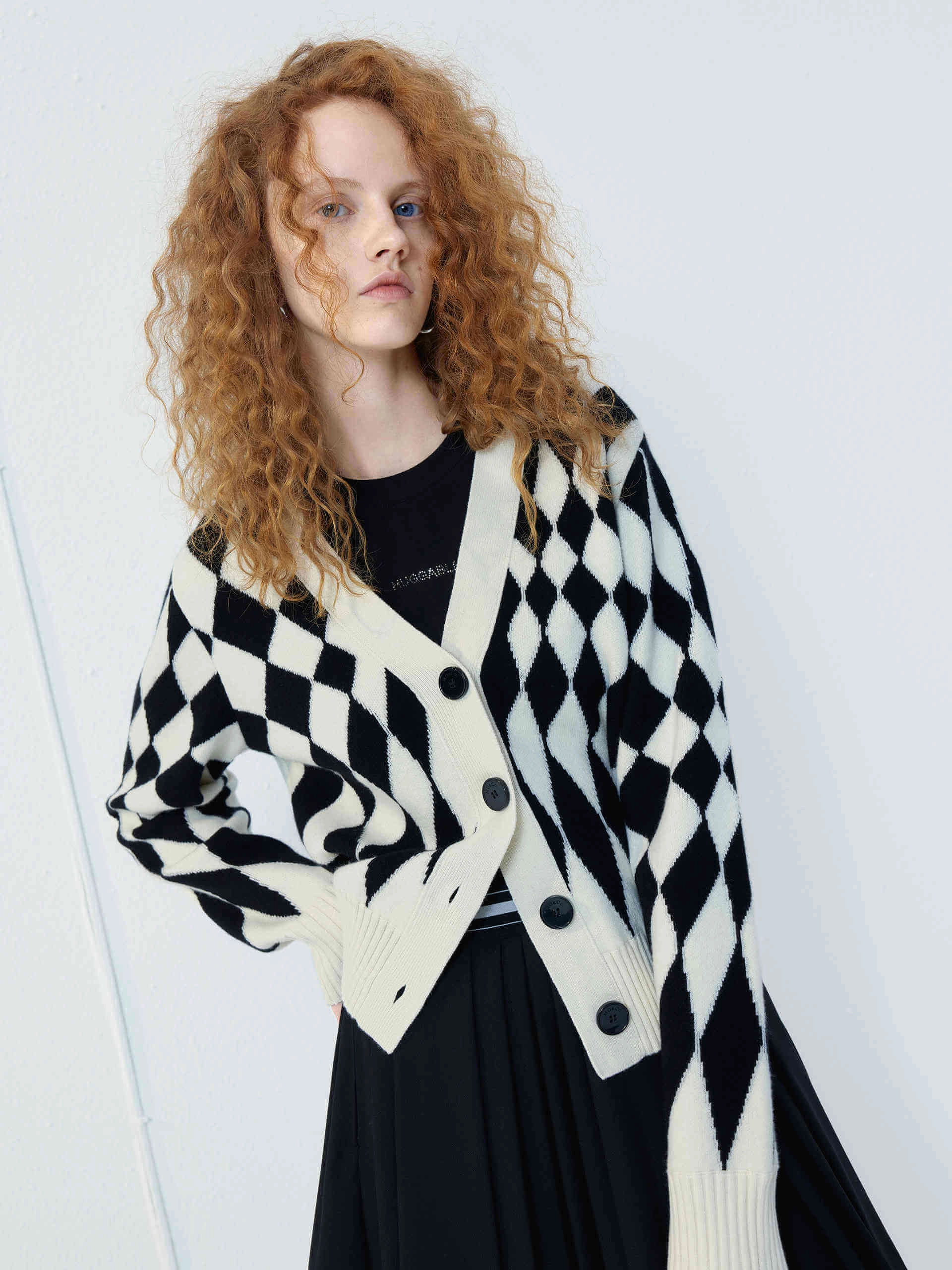 Unisex Fit Checkered Pattern Wool Cardigan