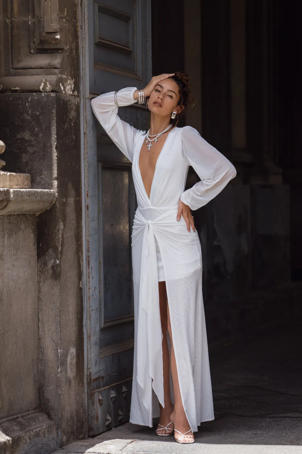 Bella White Mesh Plunge Maxi Dress Texture Edge Chill Design