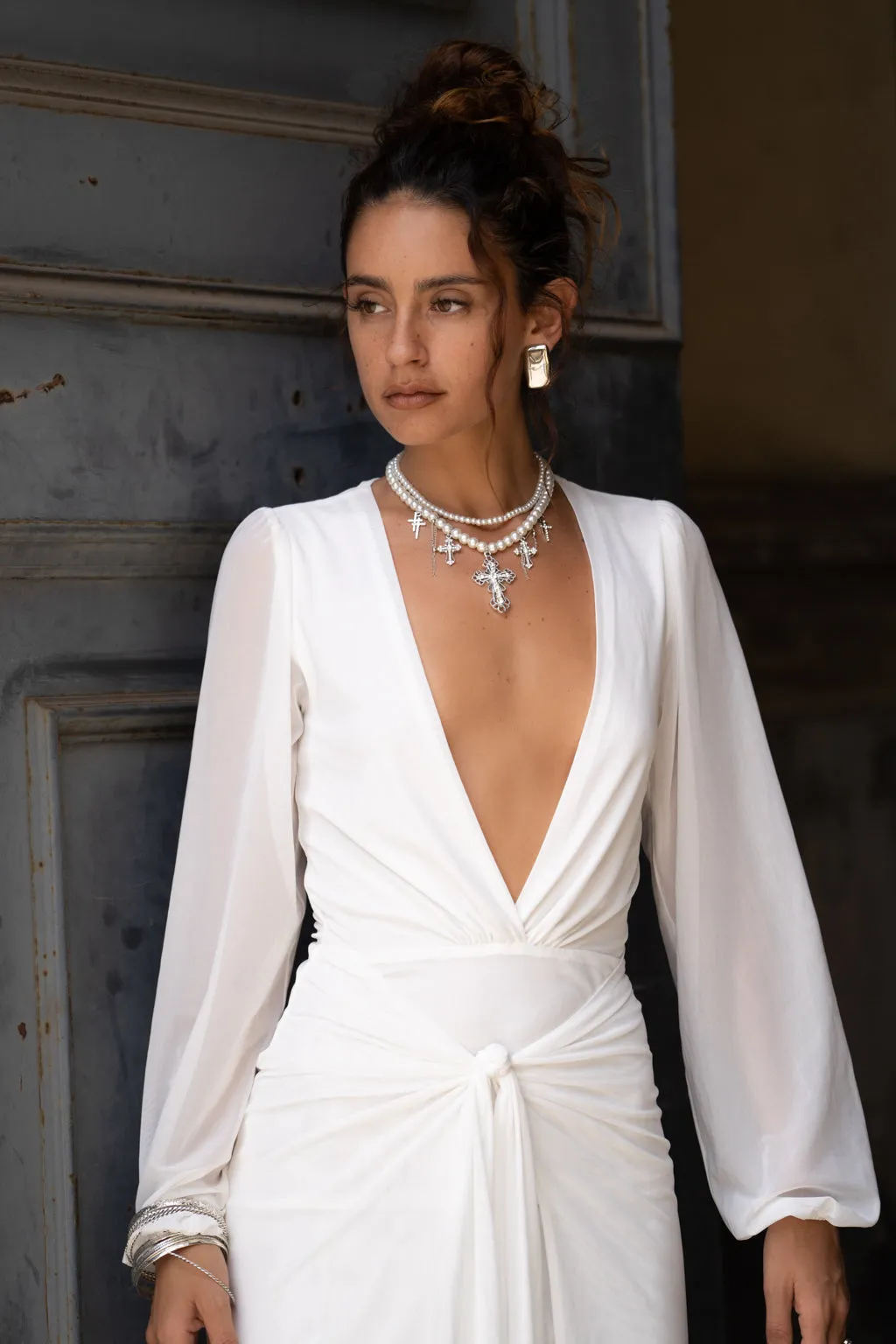 Classic-style Flattering Lines Bella White Mesh Plunge Maxi Dress