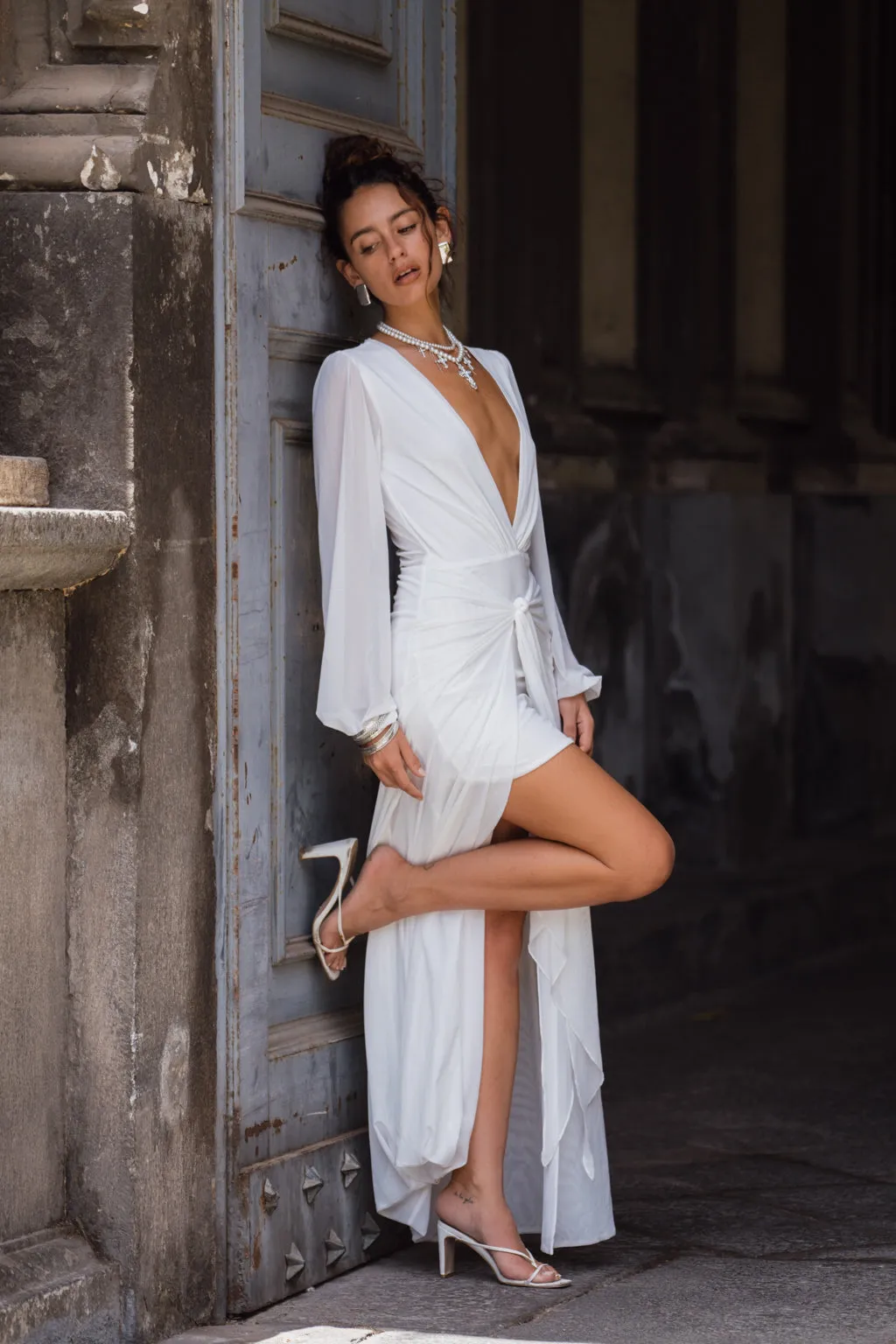 Festive Mood Smooth Vibes Bella White Mesh Plunge Maxi Dress