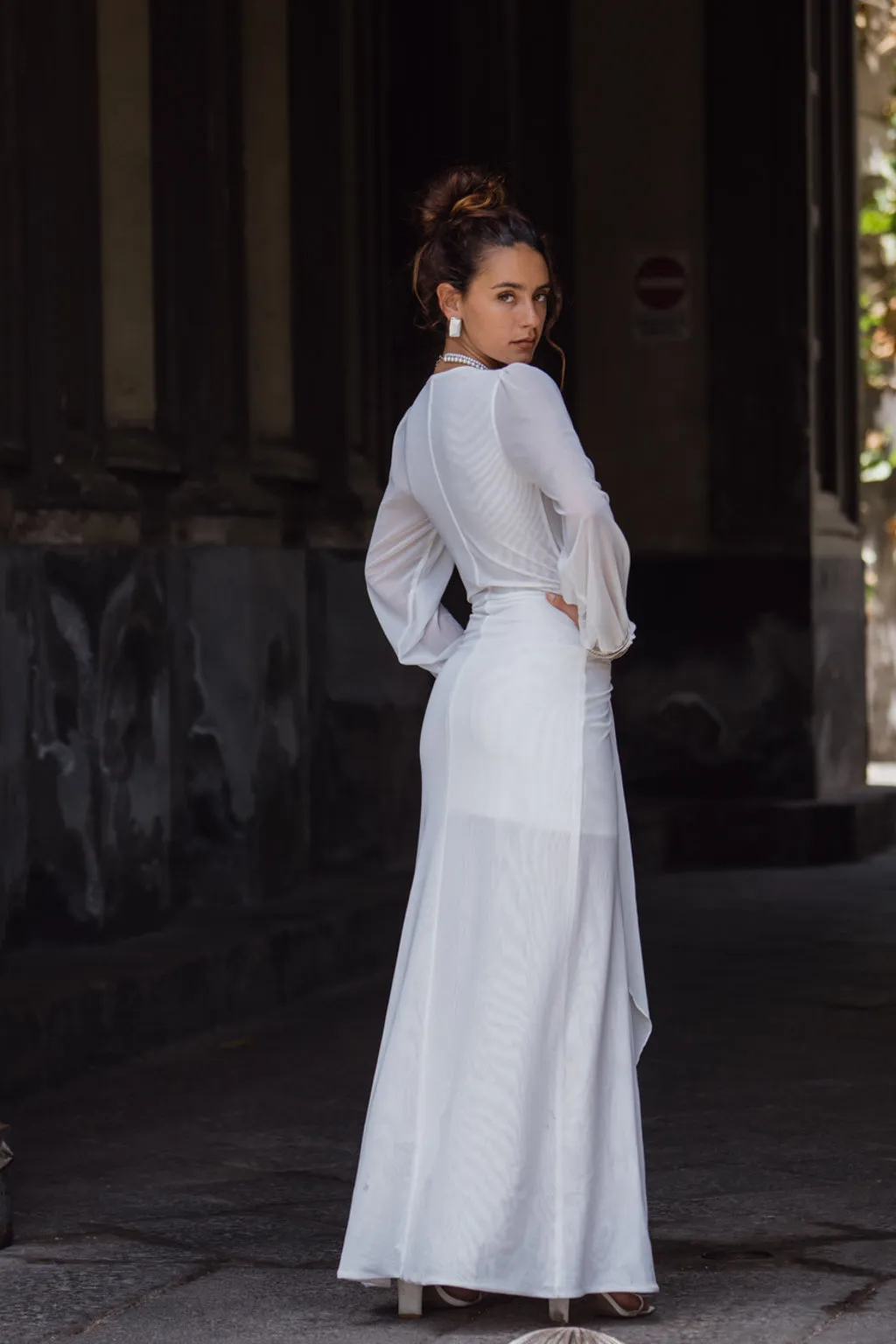 Bella White Mesh Plunge Maxi Dress Theater-Night Chill Friendly