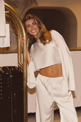 Clear Breeze Cream Satin Top V neck Promotion