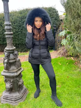 Black/Black Fur Luxury Fur Padded Belted Coat Hooded style