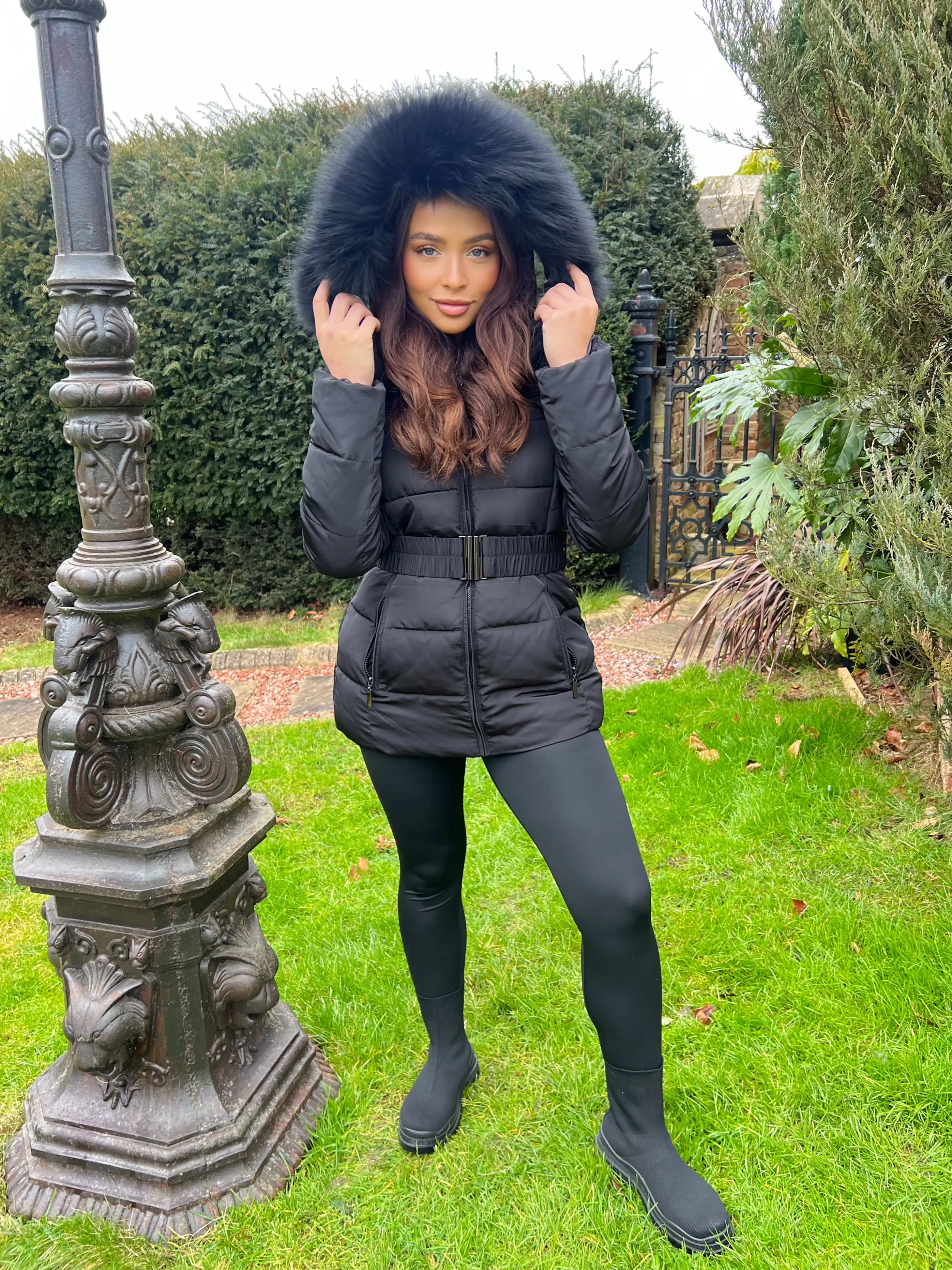 AbrasionResistantEdging Black/Black Fur Luxury Fur Padded Belted Coat