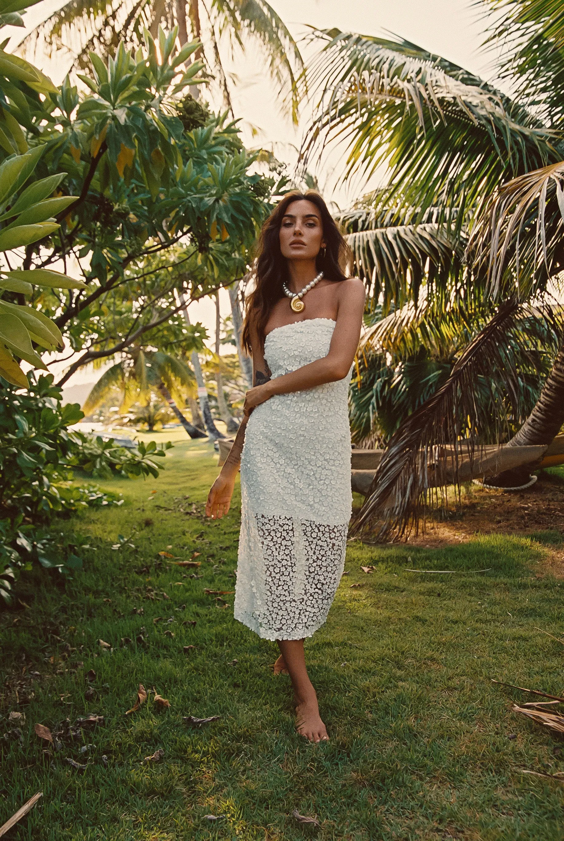 Hannah White Floral Applique Midi Dress Texture Play