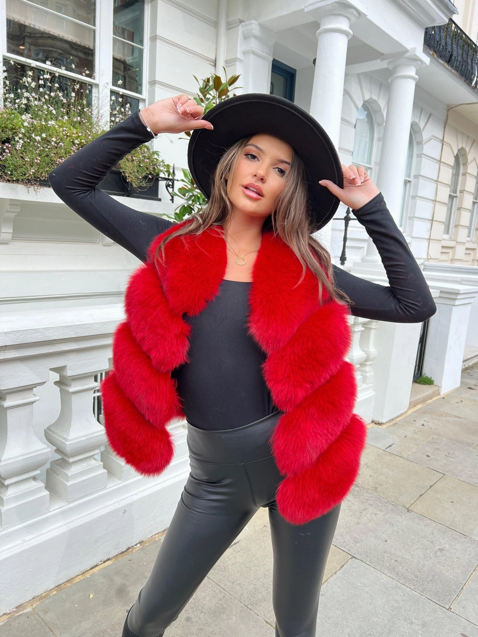 Daily Wear Red Luxury Fur 4 Row Gilet