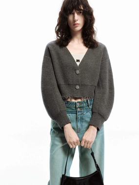 Stylish Staple Ribbed Trim Cropped Raw Hem Cardigan