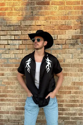 Danica Mens Black Button Up Top Bold Patterns Garment Washed Finish
