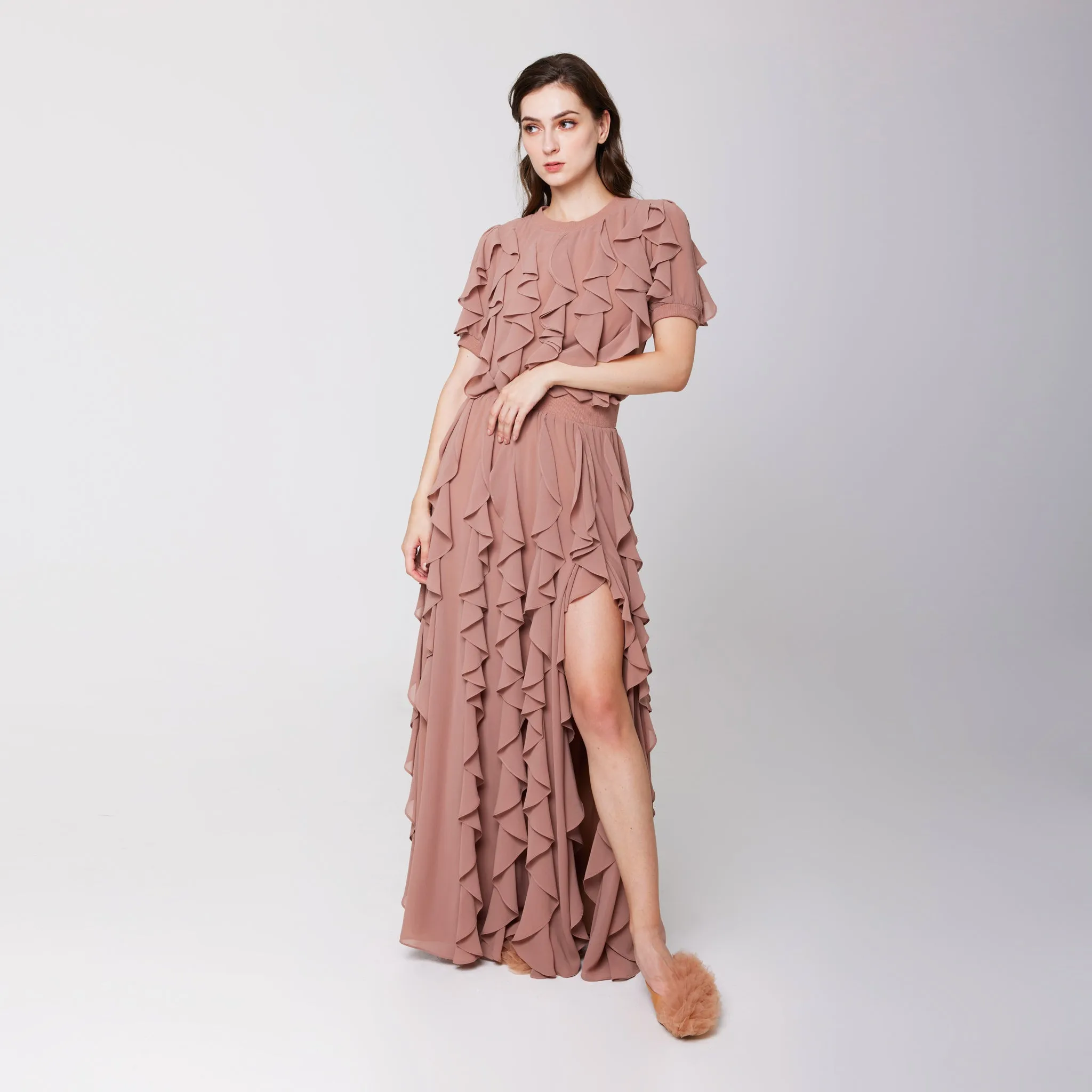 Mall Brand Look Ruffled Slit Skirt