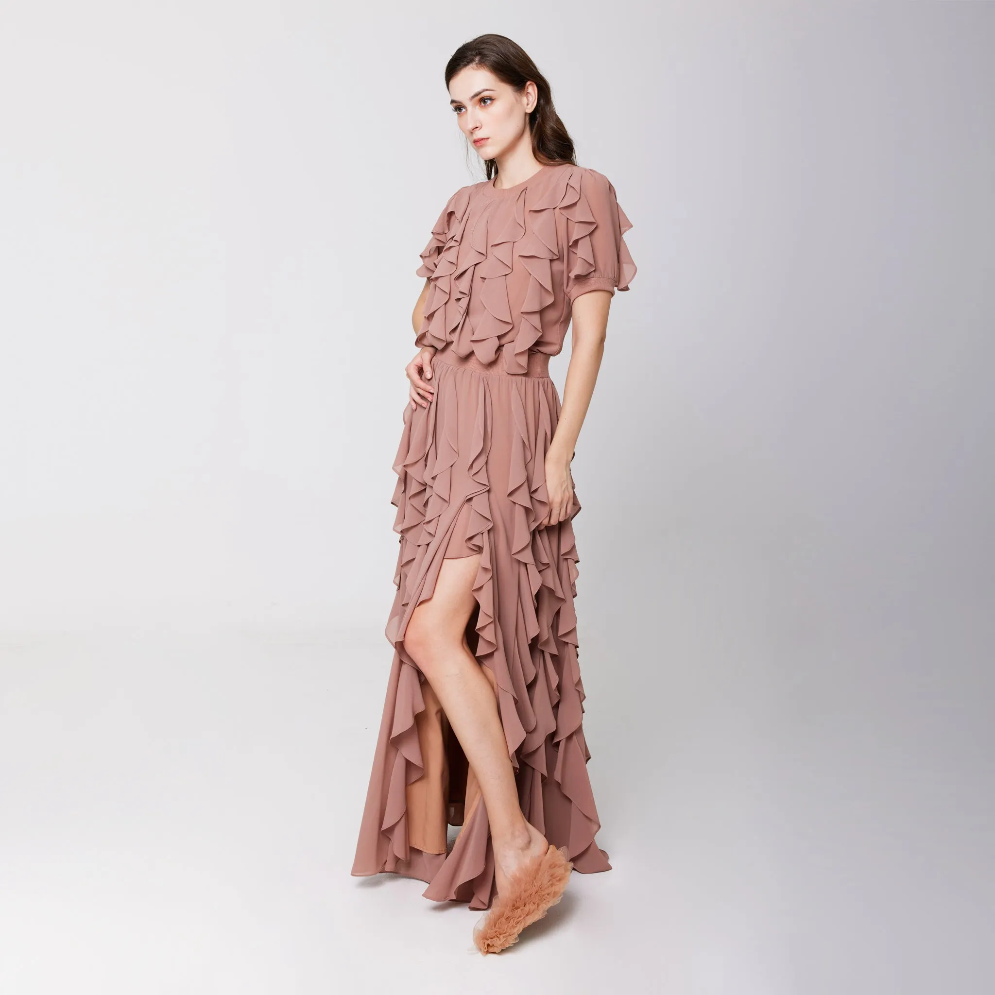 Ruffled Slit Skirt Light Fabric