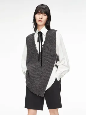 Textured Fabric Low Maintenance Fabric Frayed V-Neck Wool Knit Vest