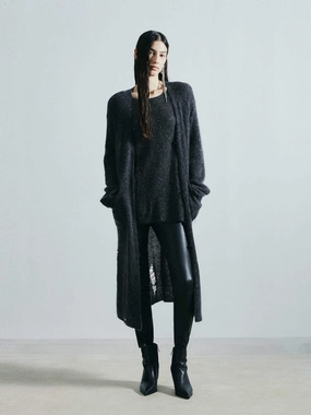 Street Warmth Cold Casual Outfit Distressed Detail Long Cardigan