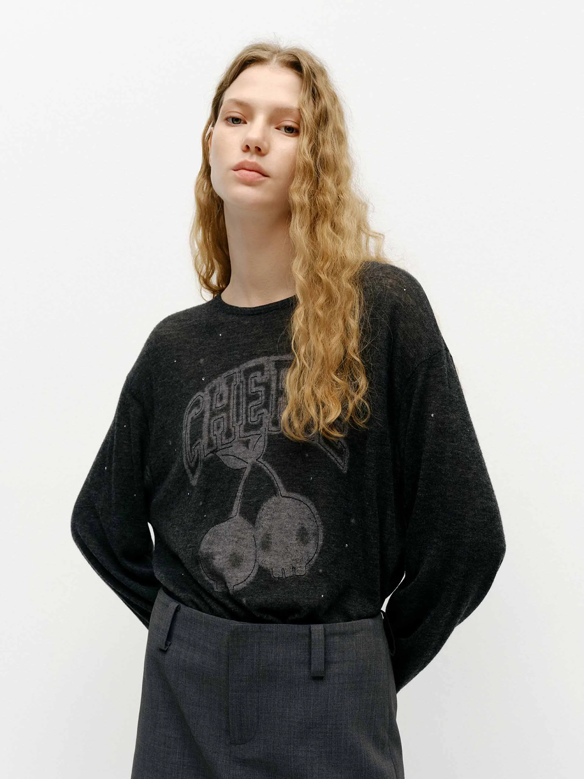 Flexible Style Ergonomic Sleeve Design Front Print Wool Sweater