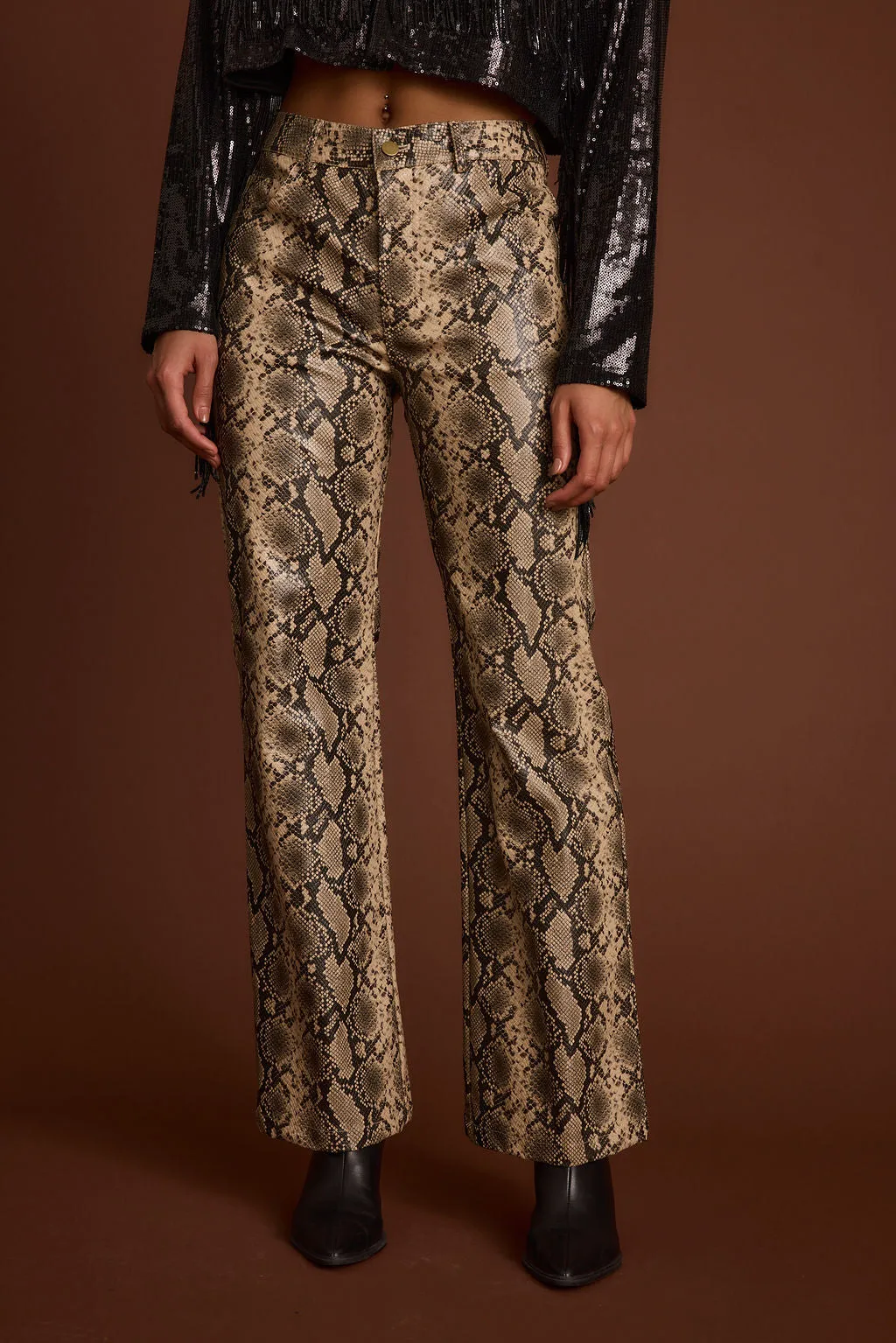 Viper Room Cream Snake Print Vegan Leather Pants Cozy Fit Functional Ease