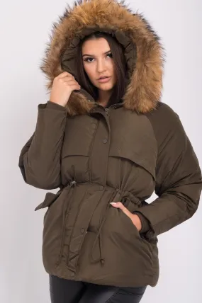 Easy Care Machine Washable Khaki Luxury Fur Padded Stopper Drawstring Coat
