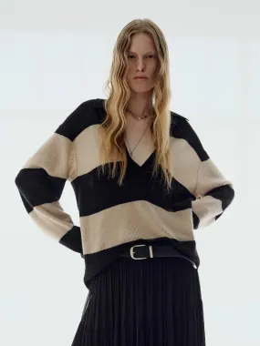 Sporty Layers Fashionable Knit Striped V-neck Sweater