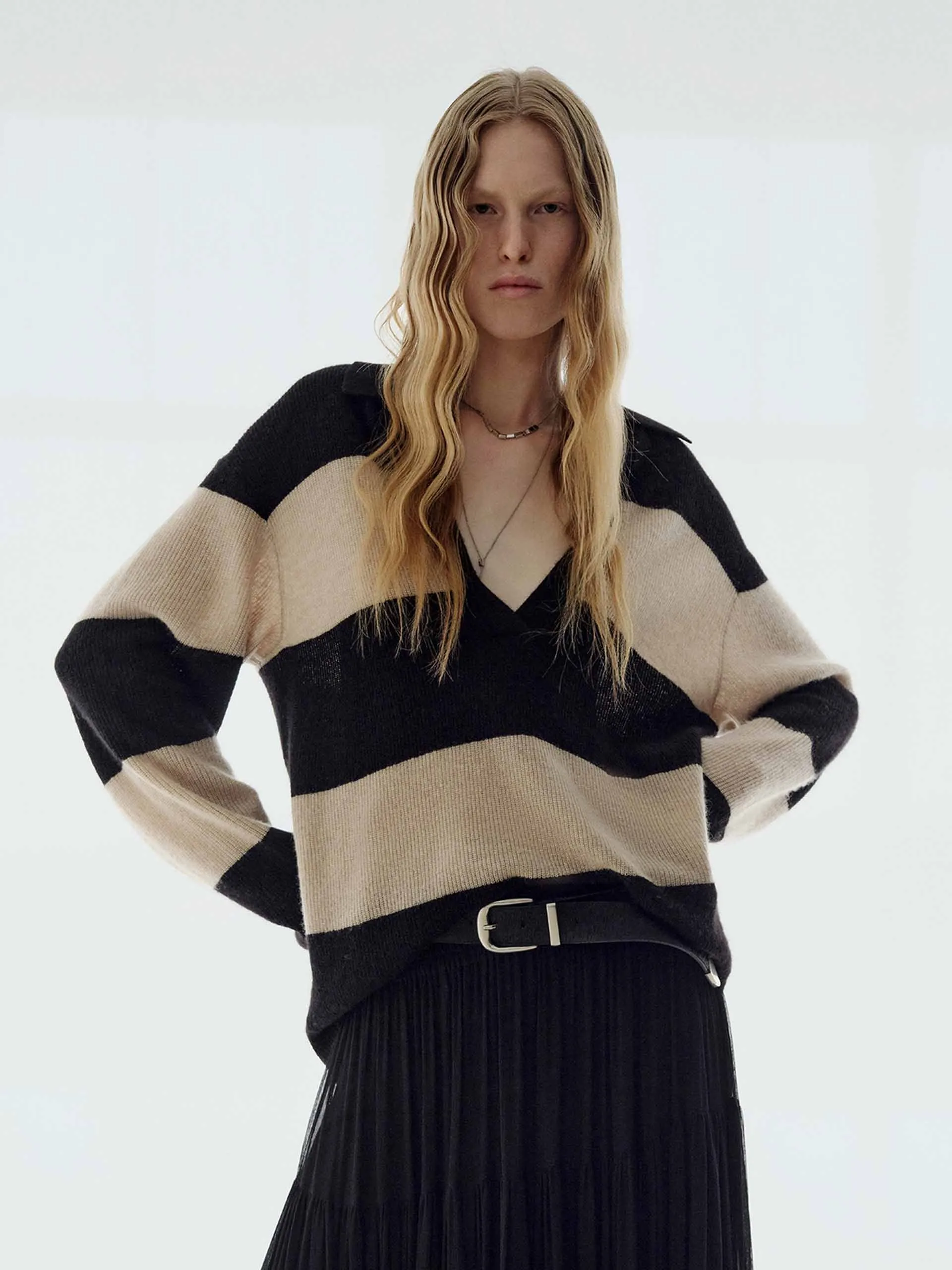Sporty Layers Fashionable Knit Striped V-neck Sweater