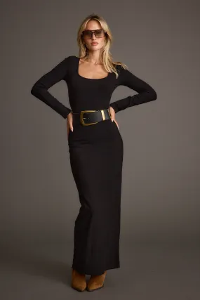 Cotton-Blend Gemma Black Long Sleeve Ribbed Maxi Dress