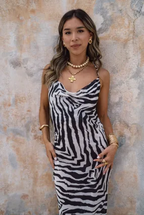 Beaded-Edge Smooth Detail Gianna Zebra Cowl Neck Chiffon Maxi Dress