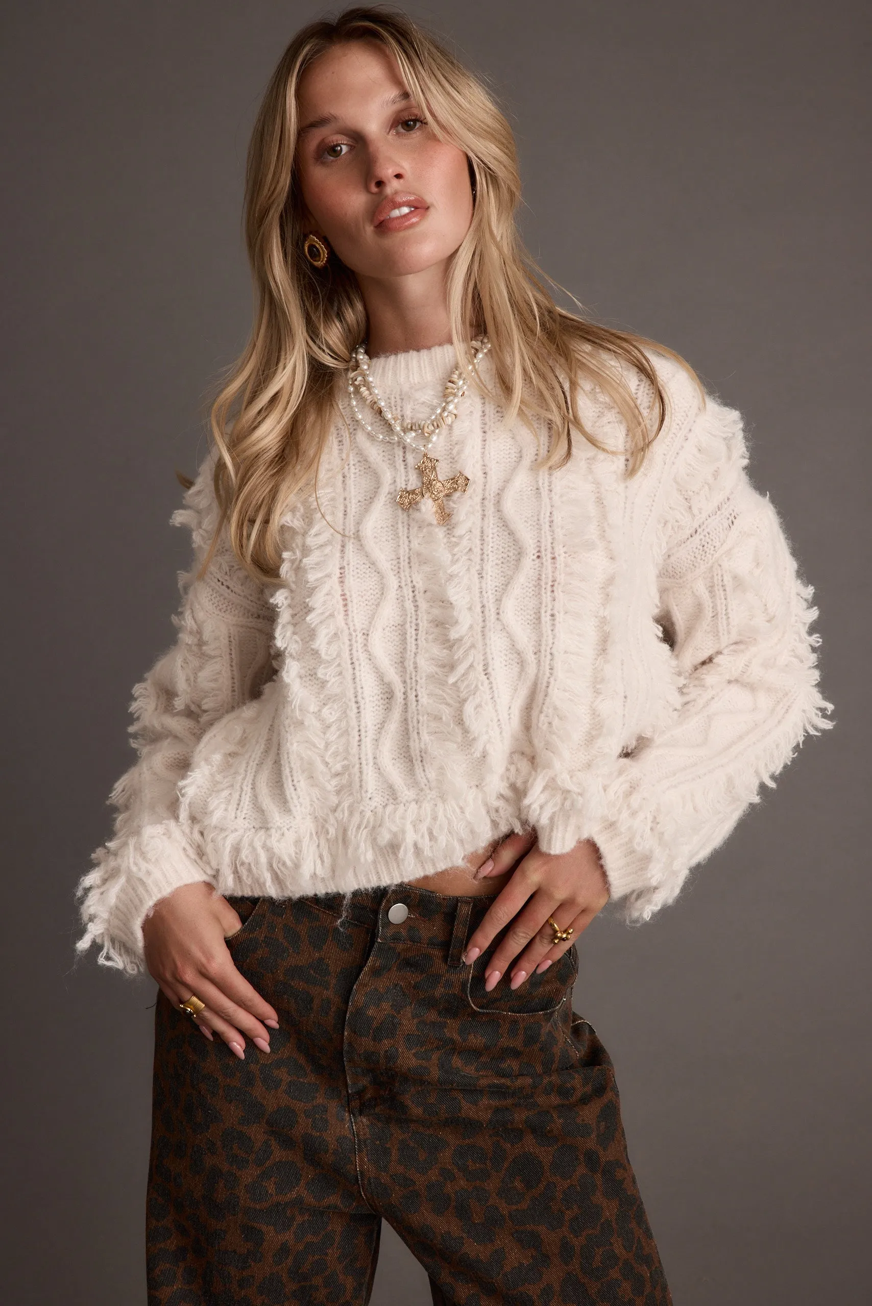 Lorie Beige Fringe Sweater Shelf Plus - size