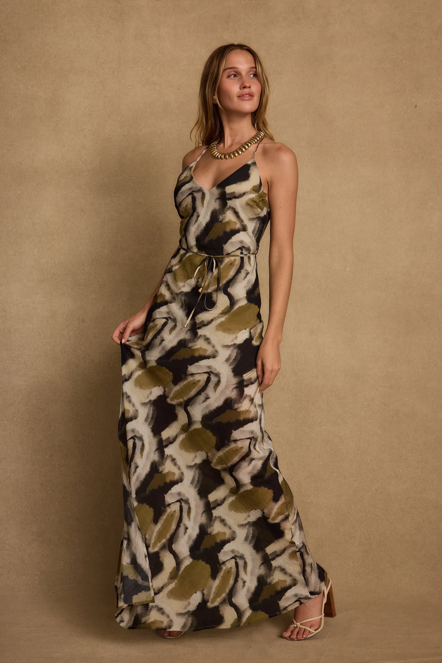 Modern Soft Joy Glow Solmar Olive Abstract Maxi Dress