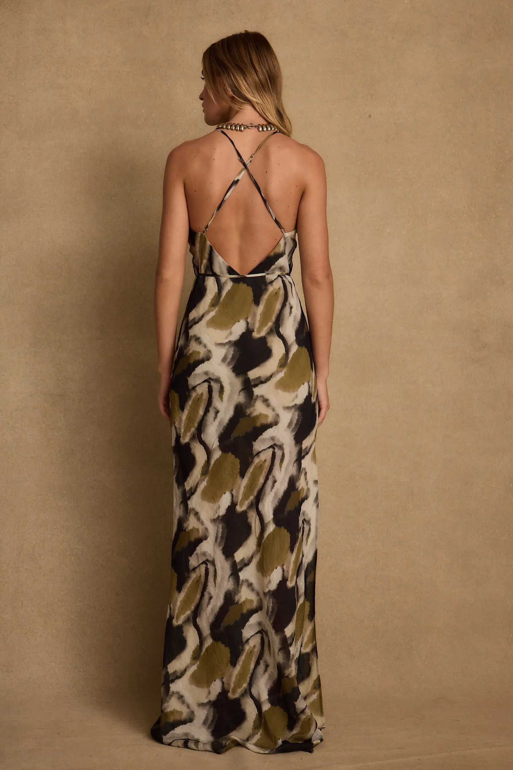 Solmar Olive Abstract Maxi Dress Smooth Surface Pure Shape