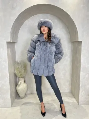 Grey Luxury Fur Mid Length Coat Active Urban Layer NonRestrictive Movement Design