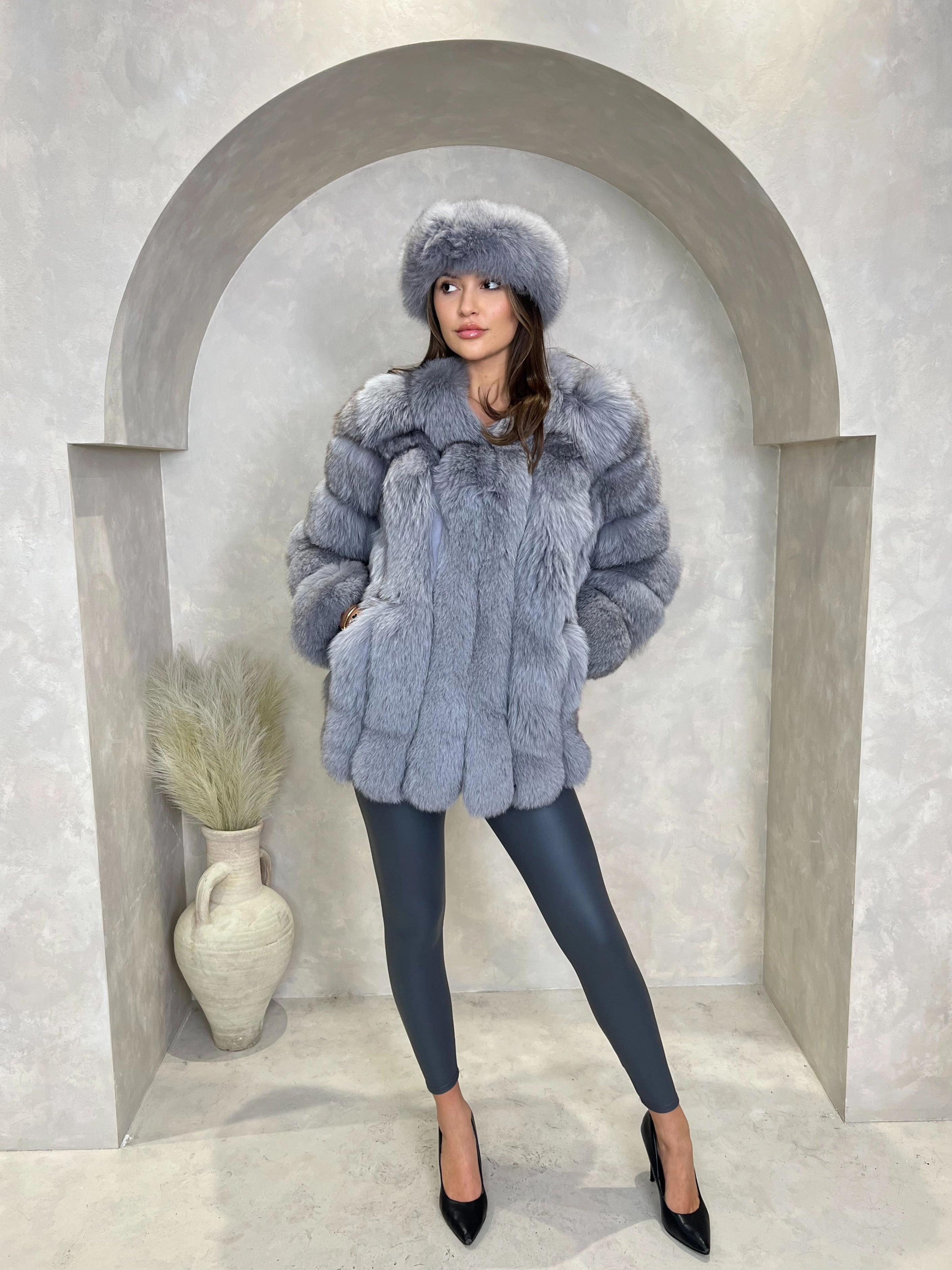 Rugged Comfort Non Restrictive Fit Grey Luxury Fur Mid Length Coat