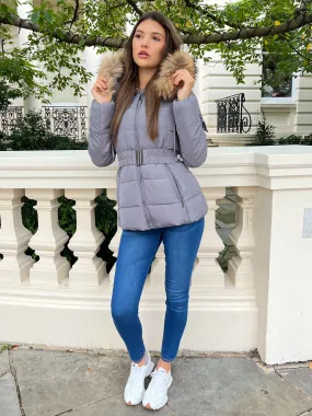 Flexible Articulated Elbows Insulated Lining Grey/Natural Fur Luxury Fur Padded Belted Coat