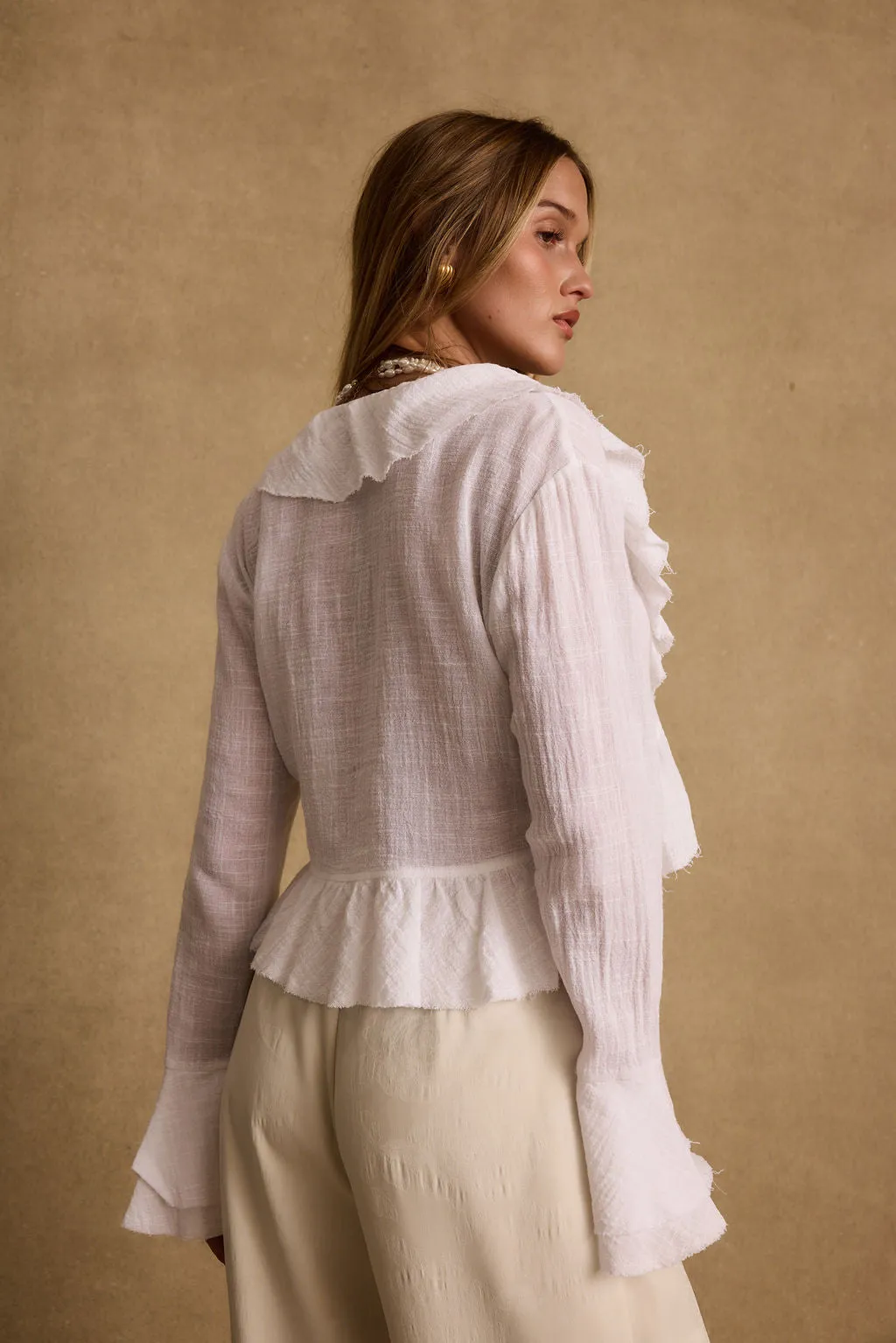 Pre Shrunk Cotton Blend Guilliana White Ruffle Blouse
