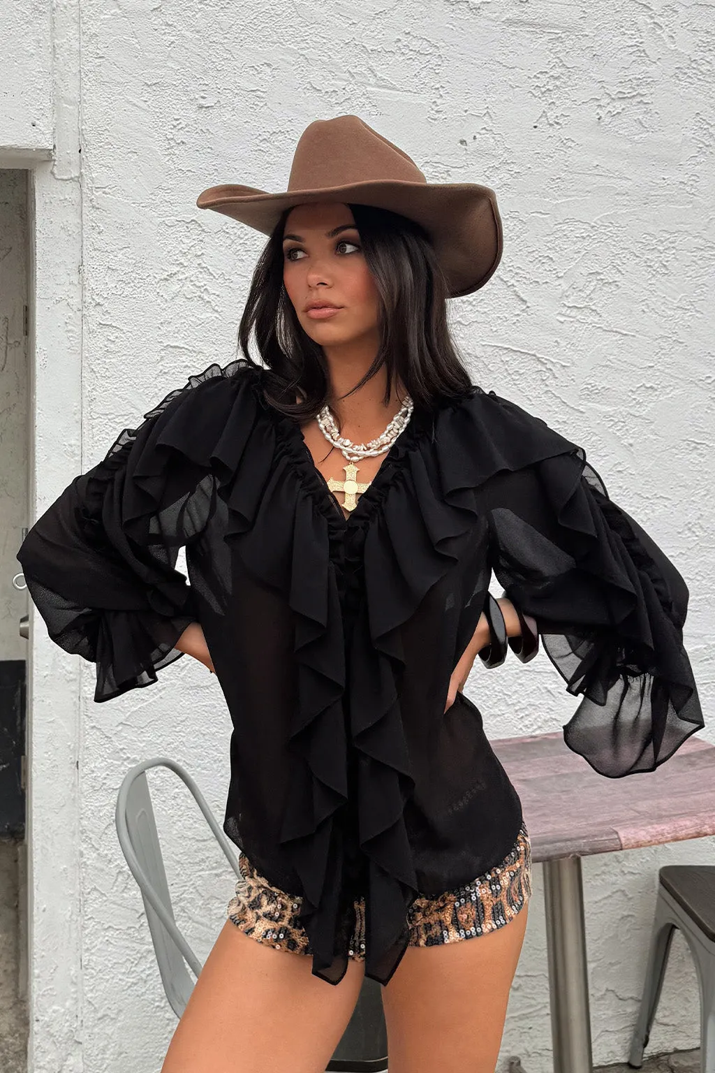 Harlow Black Ruffle Blouse Easy to match Breathable Knit Fabric