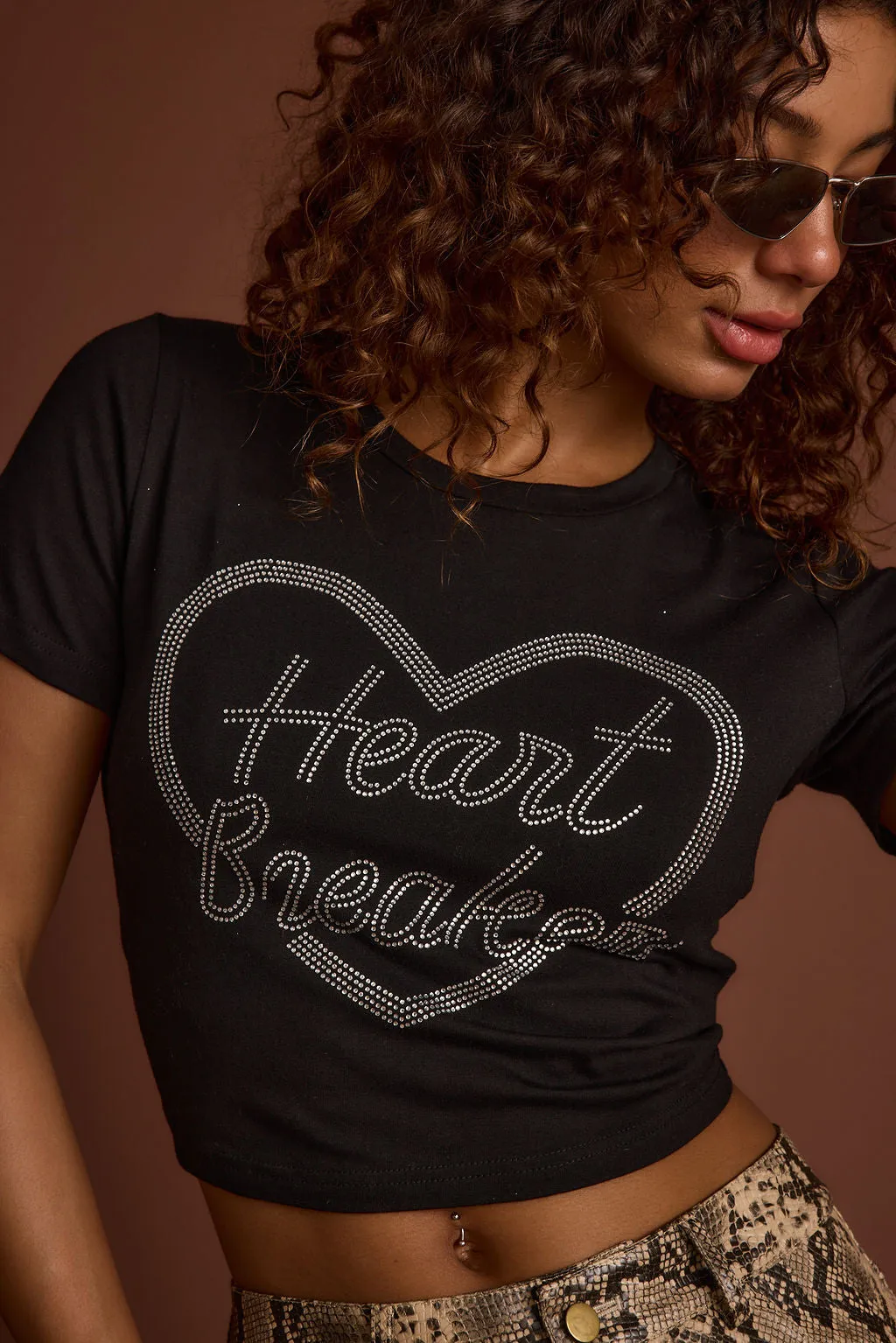 Heartbreaker Black Rhinestone Graphic Tee Urban Style Trend Smooth Jersey Texture