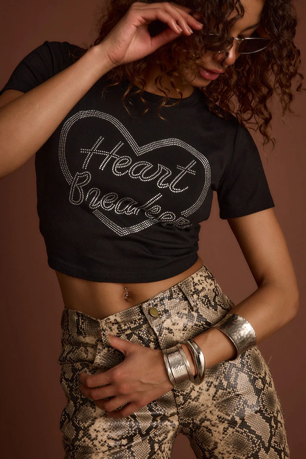 Fashionable Option Soft Cotton Feel Heartbreaker Black Rhinestone Graphic Tee