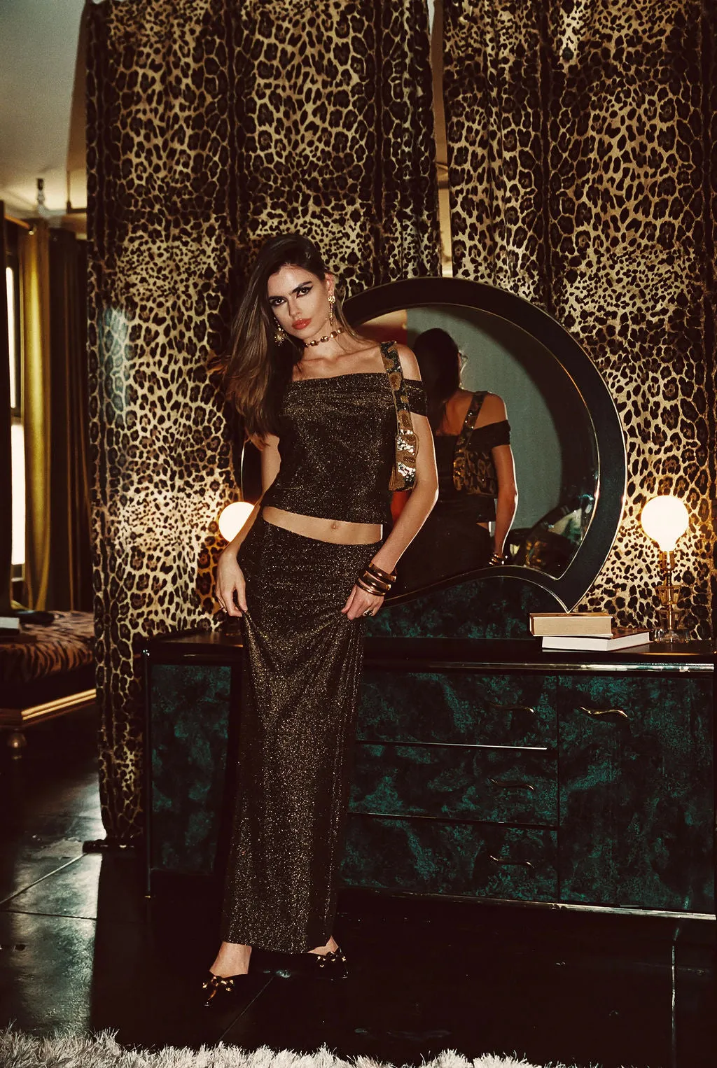 Linen blend Shopping Trip Hypnotized Gold Lurex Maxi Skirt