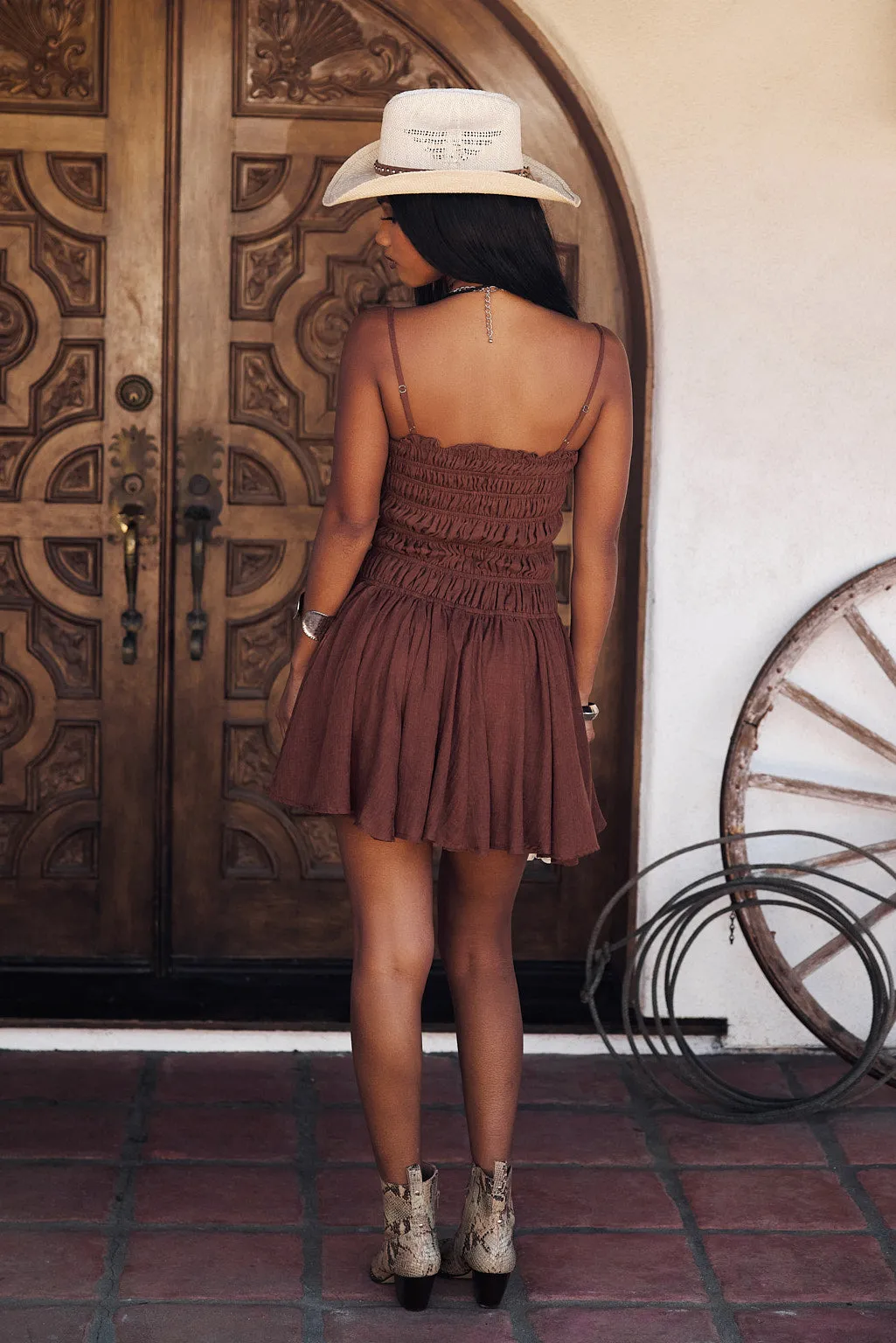 Indie Mocha Smocked Mini Dress ConvertibleNeckline