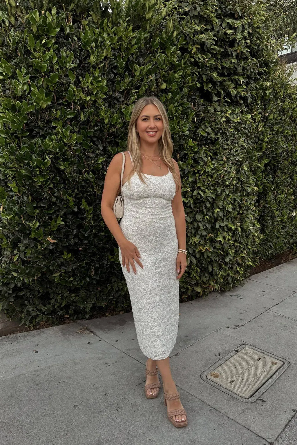 Sheer Overlay Bless Touch Ivy White Textured Midi Dress