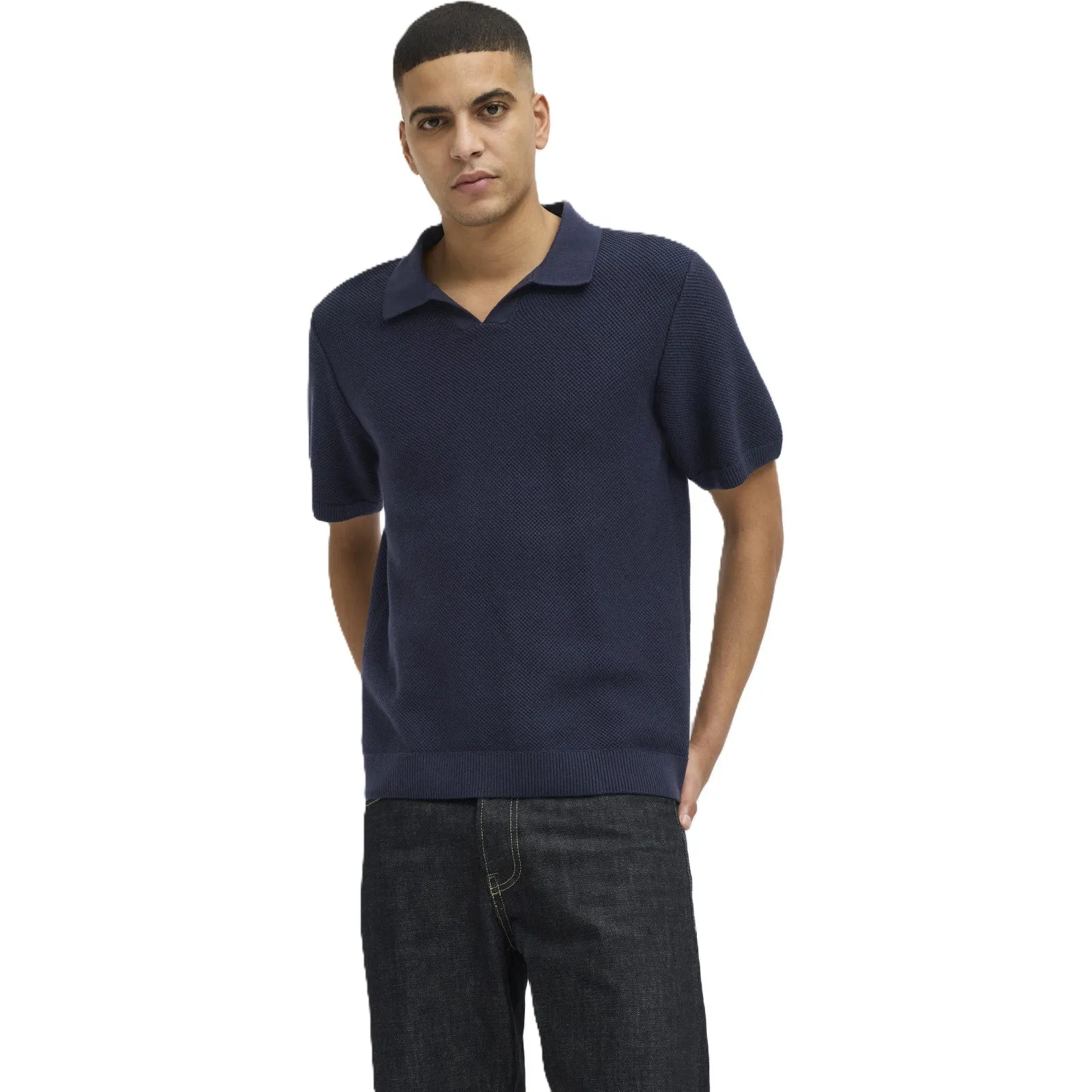 Jack & Jones Mens Ceaston Knit Split Short Sleeve Polo Shirt Breathable Mesh Panels Sporty Design