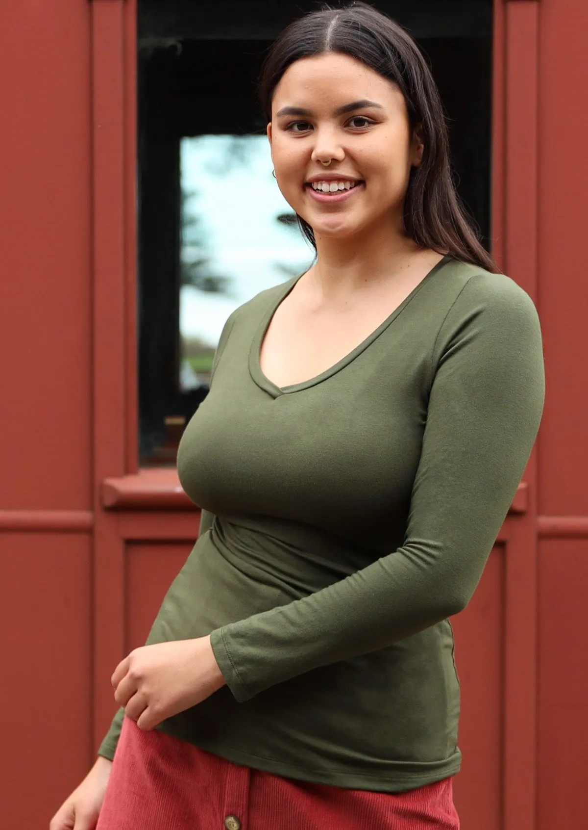 jewelry Long Sleeve Stretch V-neck Top Olive Green