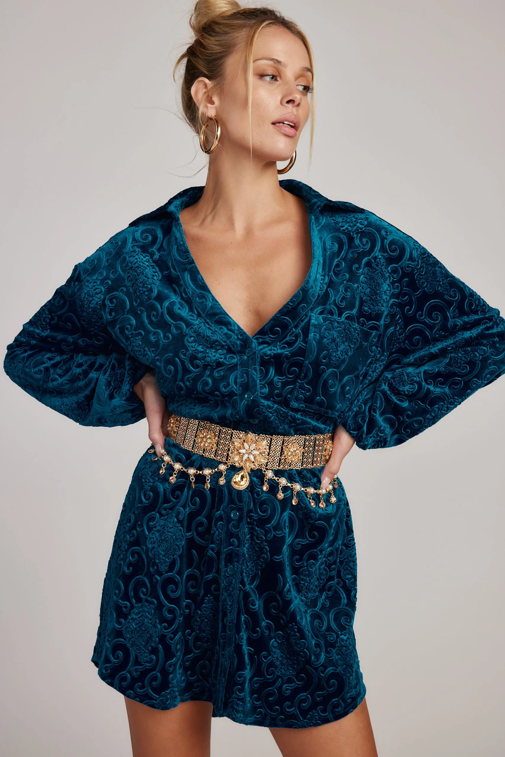 slim fit Flattering Look Kali Blue Long Sleeve Velvet Dress