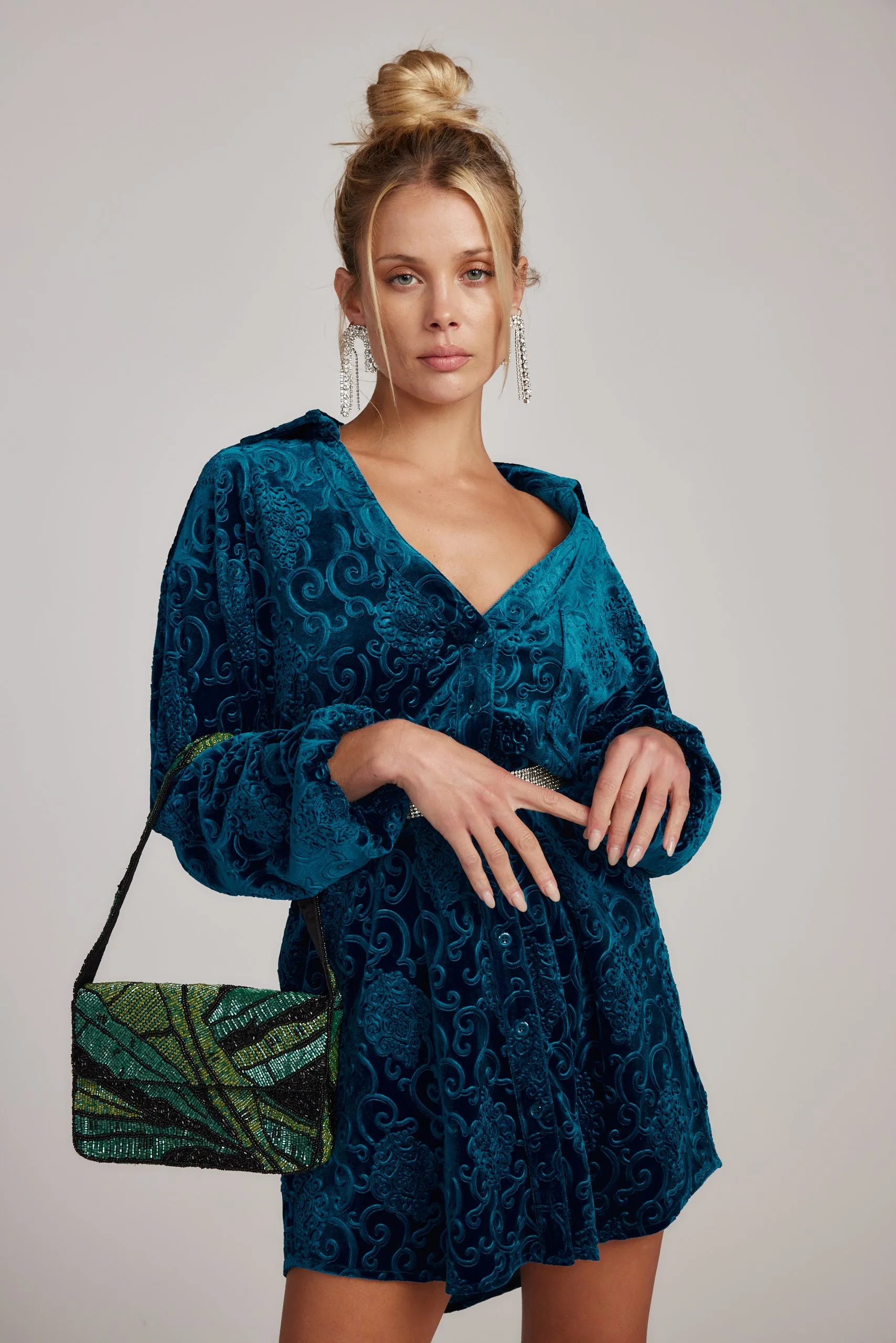 Kali Blue Long Sleeve Velvet Dress Timeless Fashion Layering-Piece