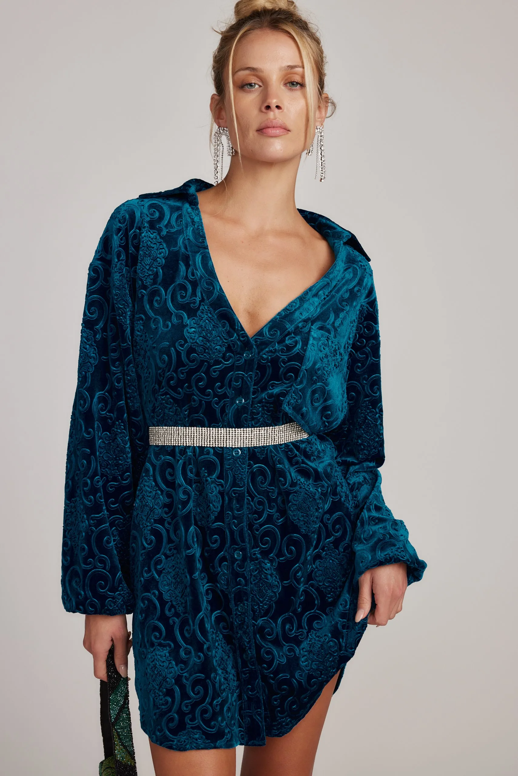 Kali Blue Long Sleeve Velvet Dress Perfectly Fitted