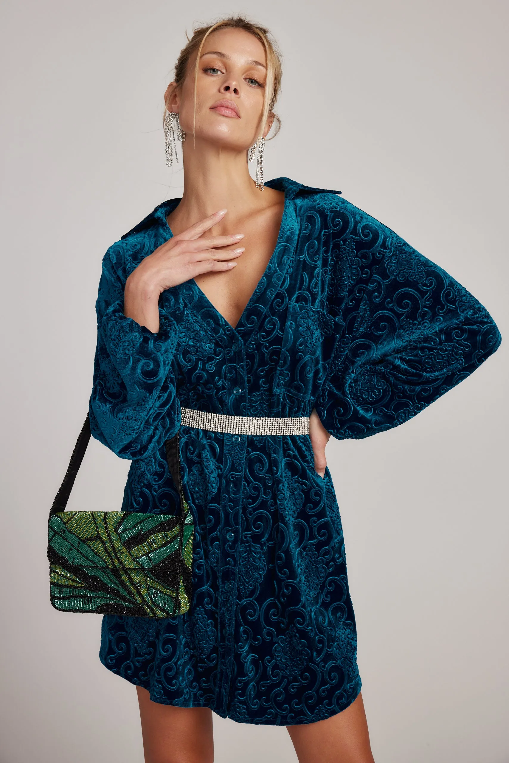 Kali Blue Long Sleeve Velvet Dress Seasonal Layering Polite Color