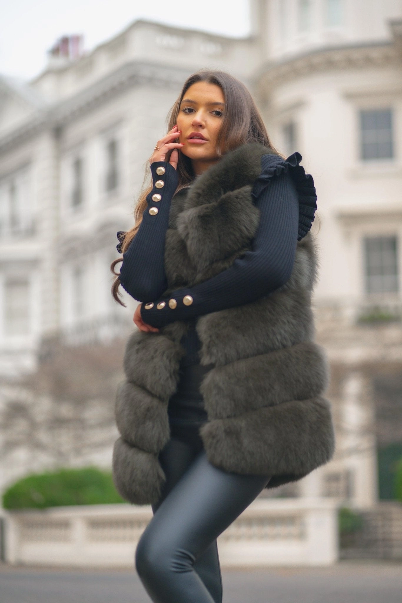 Khaki Luxury Fur 6 Row Gilet TemperatureRegulating