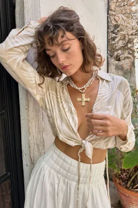 Kiana Beige Palm Print Wrap Top Upgrade Batik
