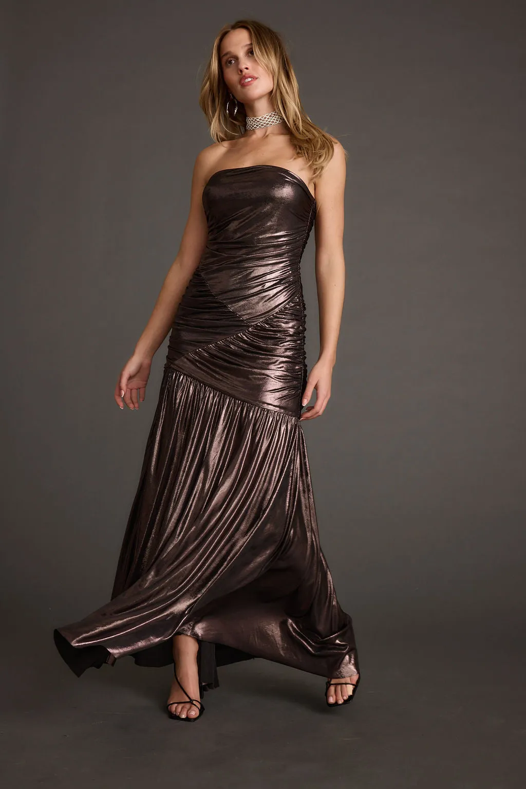 Petal Zone Gathered-Detail LaBelle Gunmetal Metallic Drop Waist Maxi Dress