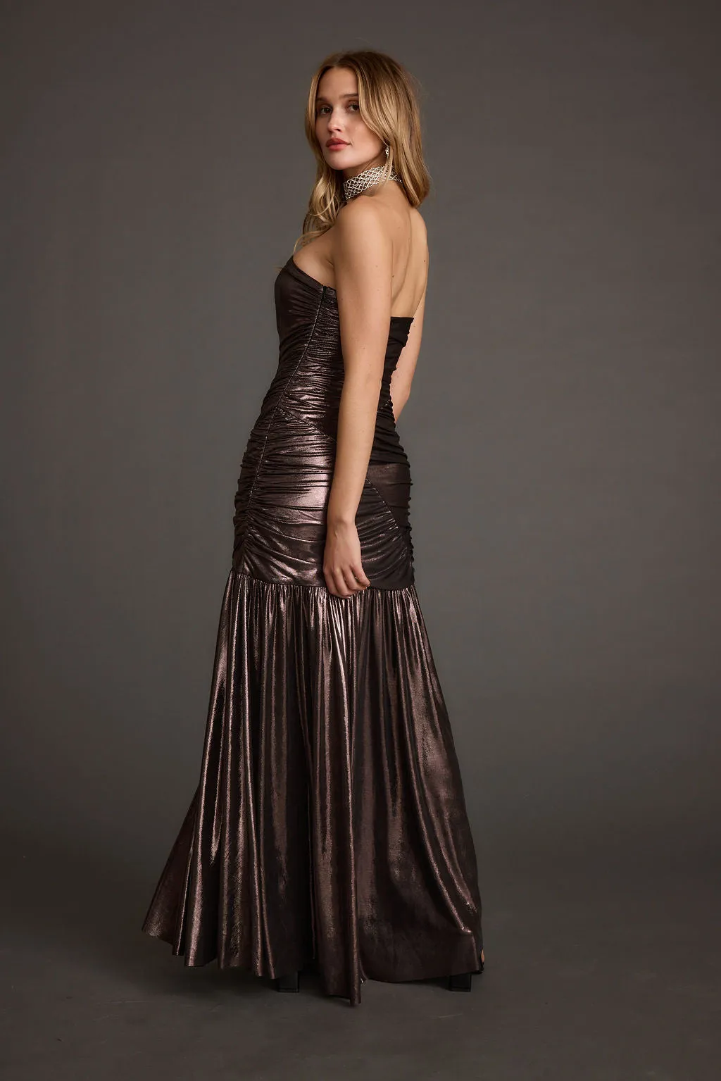 Sophisticated Look Luxe Fabric LaBelle Gunmetal Metallic Drop Waist Maxi Dress